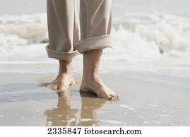 Barefoot in the wet sand with waves coming in the tide