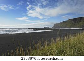 Black Lava Beach With Basalt Stacks Of Reynisdrangar In The Background; Vik, Vestur-Skaftafellssysla, Iceland