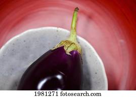 Close-Up View Of A Chinese Eggplant On Layered White And Red Plates.