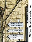 Destination signs outside a building; Paris, France