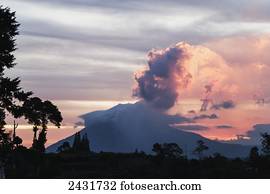 Mount Sinabung stratovolcano at sunset, North Sumatra, Indonesia