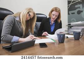 Supervisor and intern working together on an accounting project; Edmonton, Alberta, Canada