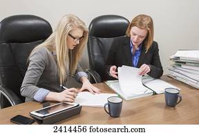 Supervisor and intern working together on an accounting project; Edmonton, Alberta, Canada