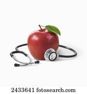 A stethoscope around a red apple on a white background