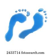 Blue liquid footprints on a white background