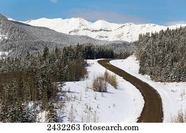 um, ventoso, montanhoso, estrada, em, a, inverno, com, neve coberta, colinas, árvores, e, montanhas, com, azul, sky;, alberta, canadá