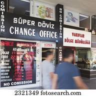 Currency exchange office on city street; Antalaya, Antalaya Province, Turkey