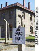 Danger sign in Auschwitz concentration camp; Osweciem, Poland