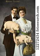 Historic illustration of couple holding pigs and bag of money with text Bonne Annee!from 19th century.