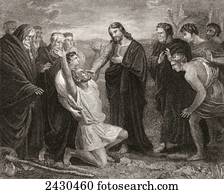 Jesus healing the blind. From a 19th century print.