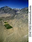 Agriculture - Aerial view of cultivated farmland in the high desert on the eastern slope of the Sierra Nevada along Pine Creek, Mt. Tom above / near Bishop, Inyo County, California, USA.