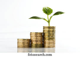 Close up of a row of stacked coins (Loonies) on a white background, with a seedling growing out of the highest stack; Calgary, Alberta, Canada