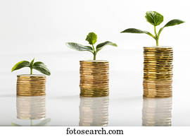 Close up of a row of stacked coins (Loonies) on a white background, with seedlings growing out of each stack, growing in size with each larger stack; Calgary, Alberta, Canada