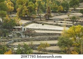 Houses And Fields On A Promontory In The Indus River Gorge, Skardu, Northern Areas, Pakistan