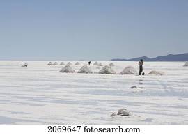 Miner By Piles Of Salt At The Salar De Uyuni, The World's Largest Salt Flat, Potosi Department, Bolivia