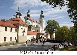 People Attending An Open Air Sunday Mass At The Basilica Of Our Lady Of The Angels, Kalwaria Zebrzydowska Sanctuary, Malopolska, Poland