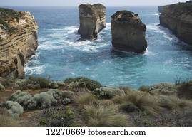 Contrasting colours of sea and limestone on Australian coastline; Victoria, Australia