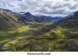 Aerial view of the rugged landscape of Northern Iceland; Iceland