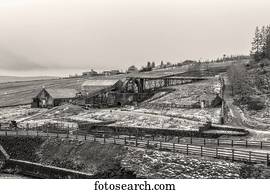 Black and white image of Killhope Mine in winter; England