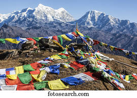 Buddhist prayer flags at the summit of Pikey Peak in the Himalayas; Nepal