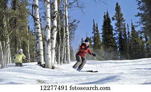 Downhill skiers at Mt. Aurora Skiland near Cleary Summit north of Fairbanks, Alaska