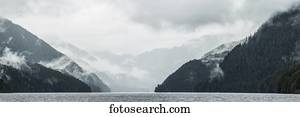 Scenic views of the Great Bear Rainforest with mist and low cloud; Hartley Bay, British Columbia, Canada