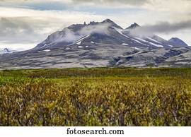 um, ângulo largo, vista, hiking, a, planalto, rastros, direção, a, dormente, vulcão, em, Vatnajokull, nacional, Park;, islândia