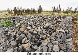 Pile of rocks and rubble at the site of a Syrian army bunker; Golan Heights, Israel