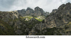 Rugged rock cliffs along the Amalfi coast; Amalfi, Italy