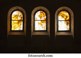 Three arched windows in a church; Tabgha, Israel