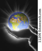 globe, gehouden, in, handen
