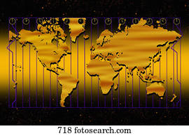 mapa mundial, em, ouro, com, zonas tempo, e, ouro, fundo