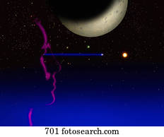 perfil, de, cabeça, em, espaço, com, lua estrelas