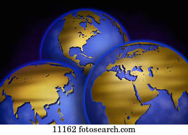 Three globes displaying different continents