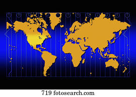 mapa mundial, em, ouro, com, zonas tempo, azul, fundo