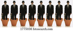 Clones of man in business suit standing in flower pots