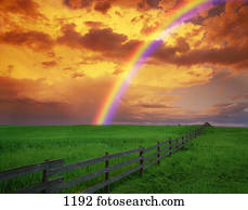 Rainbow in country field with gold clouds