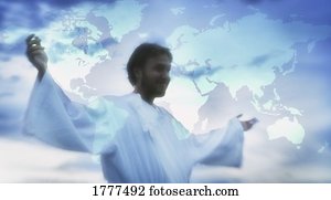 Jesus with arms outstretched, map in background