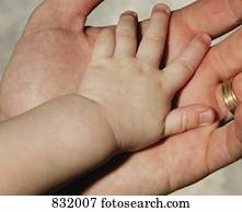 bebê, e, pai, mãos