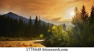 um, rio, ou, fluxo, contra, árvores, e, montanhas