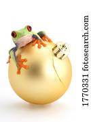 rã, sentando, ligado, bola natal