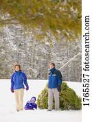 Family pulling Christmas tree and toddler