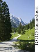 Alpine landscape with walking path winding through the valley