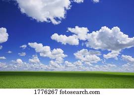 nuvens brancas, em, a, céu, e, prado verde