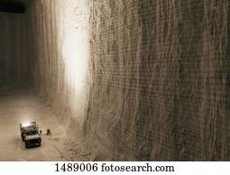High angle view of pick-up truck at underground salt mine