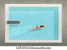 Illustration of woman swimming in pool at resort