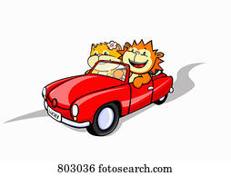 A lion and a cat in a convertible car