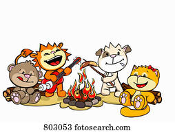vier, freunde, an, a, lagerfeuer vier, freunde, an, a, lagerfeuer