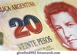 Picture of man on one twenty Pesos Argentinean bank note, close-up