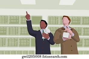 dos, hombres de negocios, en, un, bolsa